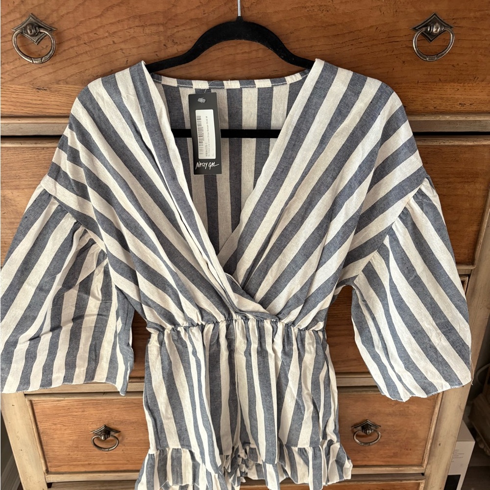 Nasty Gal Blue and White Striped Wrap Romper